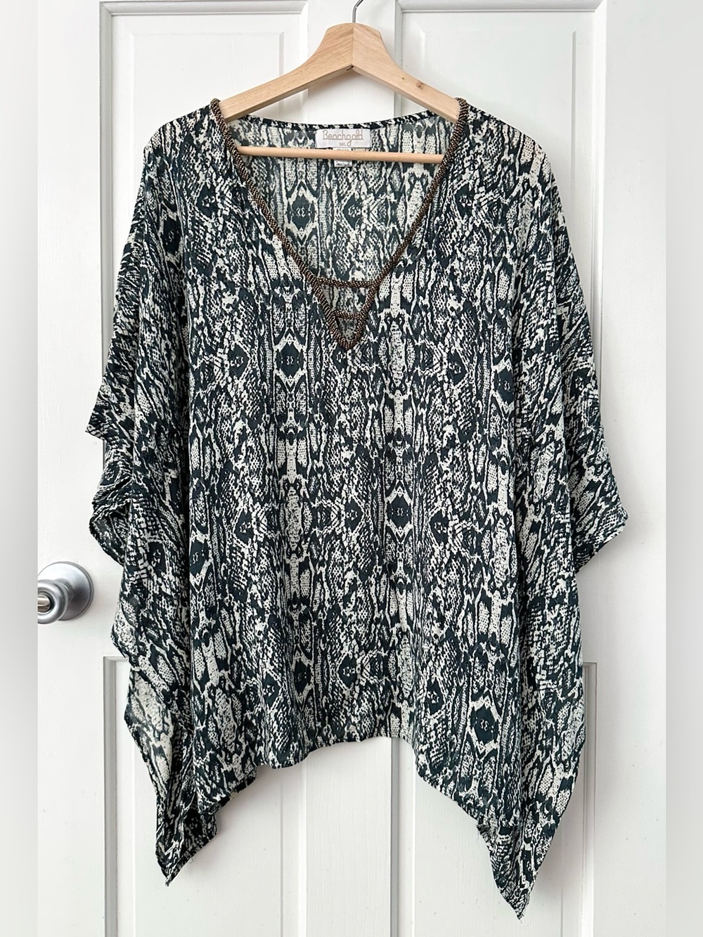BEACHGOLD Anthropologie Beaded Tunic Top Cover-Up Resort Wear Snake Print M/L